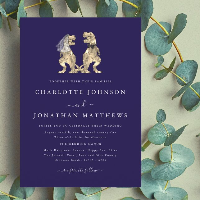 Dinosaur Theme Wedding Navy Blue Invitation (Dinosaur theme wedding navy blue & white invitation elegant modern fun T-Rex dino Bride and groom)