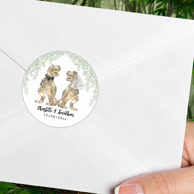 Dinosaur Theme Wedding Personalised Classic Round Sticker (Fun T-Rex Bride and Groom with jungle foliage dinosaur wedding custom sticker)