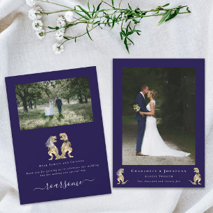 Dinosaur Theme Wedding Photo Navy Blue White Thank You Card