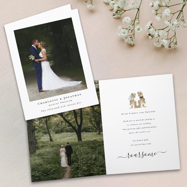 Dinosaur Theme Wedding Photo Thank You (2 photo Dinosaur theme wedding thank you card T-Rex dino bride and groom personalized message)