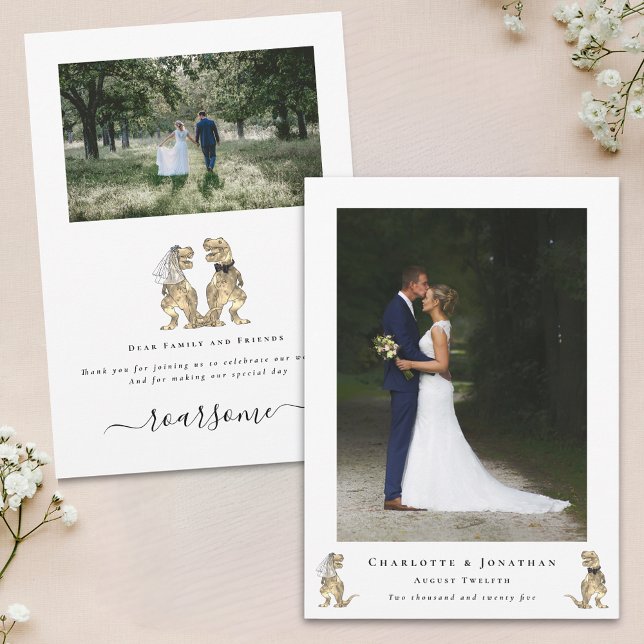 Dinosaur Theme Wedding Photo Thank You (Dinosaur theme wedding 2 photo thank you card simple minimalist with elegant modern script)