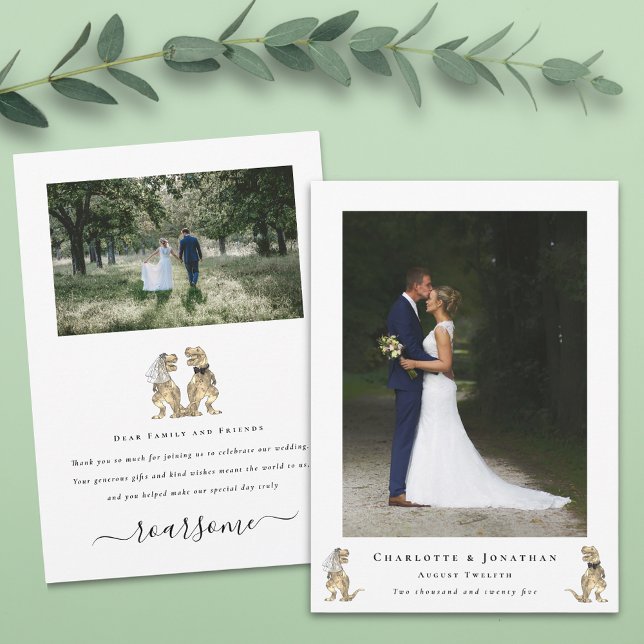 Dinosaur Theme Wedding Photo Thank You Card (Dinosaur wedding photo thank you card 2 photograph Funny T-Rex bride and groom elegant modern script)