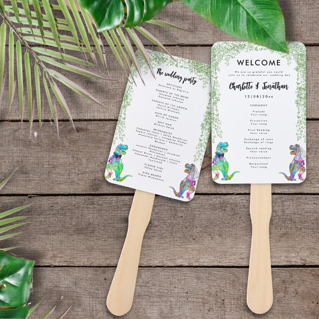 Dinosaur Theme Wedding Program Hand Fan (Colorful T-Rex bride and groom dinosaur wedding day program)