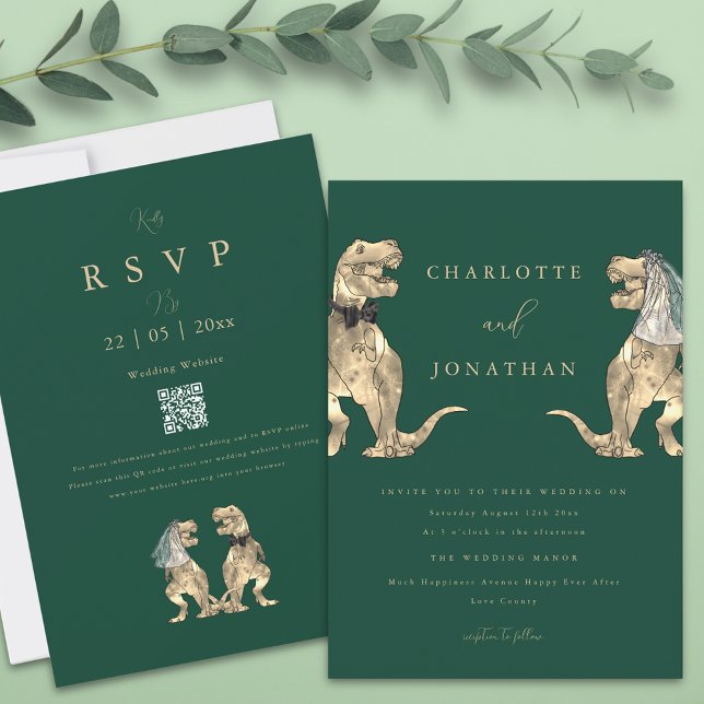 Dinosaur Theme Wedding QR code Green Invitation (Dinosaur theme wedding dark green invitation Funny T-Rex bride and groom modern Jurassic wedding )