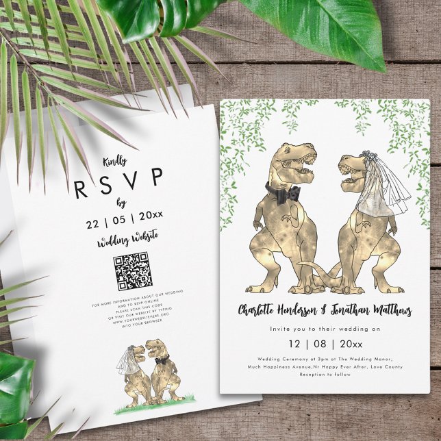 Dinosaur theme Wedding QR Code  Invitation (Dinosaur themed wedding QR code invitation with funny T-Rex bride and groom and jungle foliage)