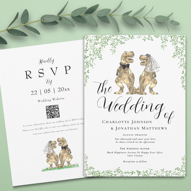 Dinosaur Theme Wedding QR Code Invitation (Botanical dinosaur wedding invitation with elegant script  watercolor eucalyptus foliage and qr code)