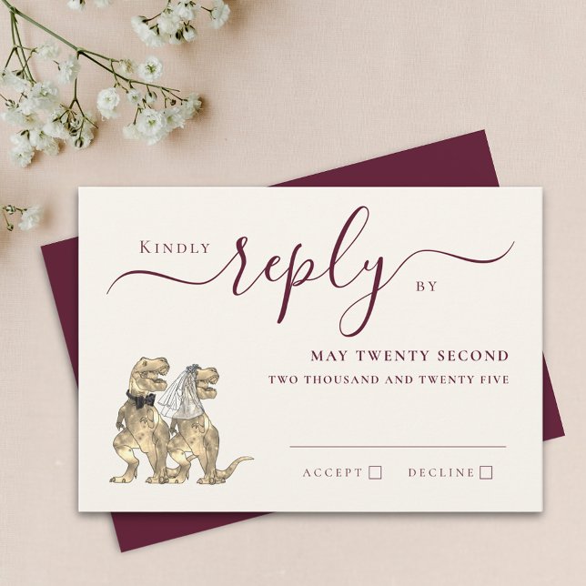 Dinosaur Theme Wedding Reply Burgundy Cream RSVP Card (Dinosaur theme wedding burgundy cream invitation RSVP card T-Rex dino bride and groom elegant script)