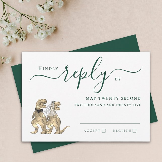 Dinosaur Theme Wedding Reply Dark Green RSVP Card (Dinosaur theme dark green wedding invitation RSVP card Elegant script fun T-Rex dino bride and groom)