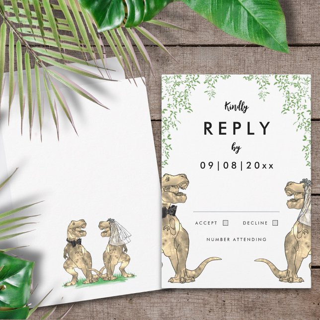 Dinosaur Theme Wedding Reply RSVP Card (T-Rex bride and groom funny dinosaur wedding invitation RSVP reply enclosure card)