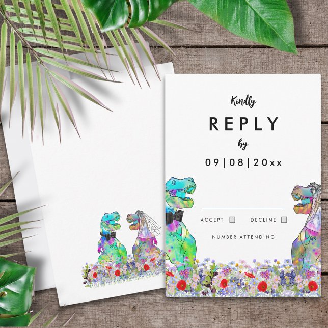 Dinosaur Theme Wedding Reply RSVP Card (Colorful T-Rex bride and groom in wildflower meadow dinosaur themed wedding reply enclosure card)