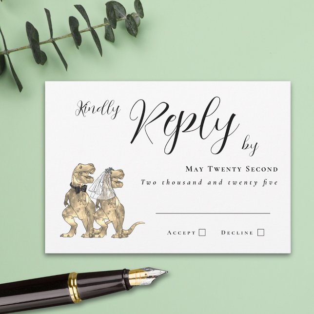 Dinosaur Theme Wedding Reply RSVP Card (funny dinosaur wedding RSVP card T-Rex bride and groom modern elegant script simple minimalist )
