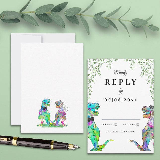 Dinosaur Theme Wedding Reply RSVP Card (Botanical dinosaur wedding invitation with qr code and watercolor eucalyptus foliage)