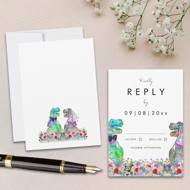 Dinosaur Theme Wedding Reply RSVP Card (Modern wildflower dinosaur theme wedding reply enclosure card)