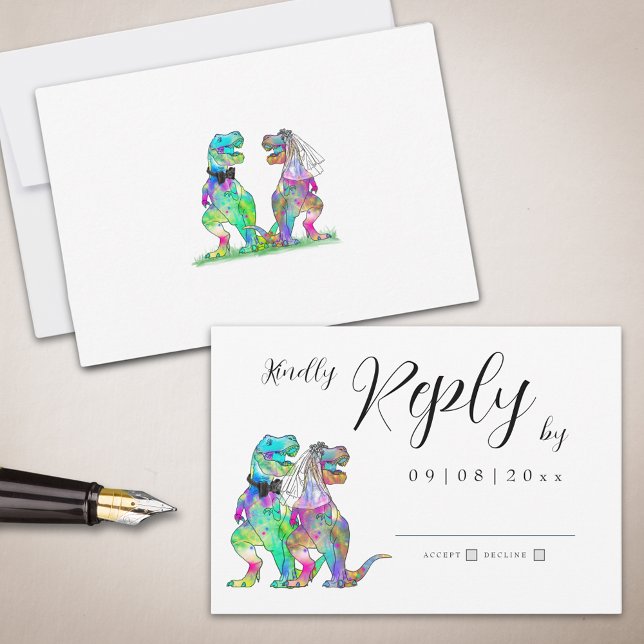 Dinosaur Theme Wedding Reply RSVP Card (Dinosaur theme wedding invitation rsvp enclosure card with elegant script )