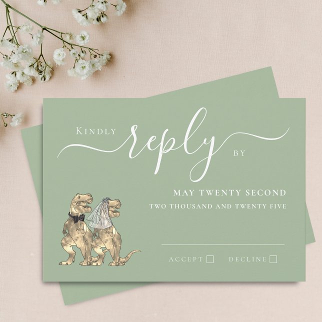 Dinosaur Theme Wedding Reply Sage Green RSVP Card (Dinosaur theme wedding sage green invitation RSVP card fun T-Rex dino bride and groom elegant script)