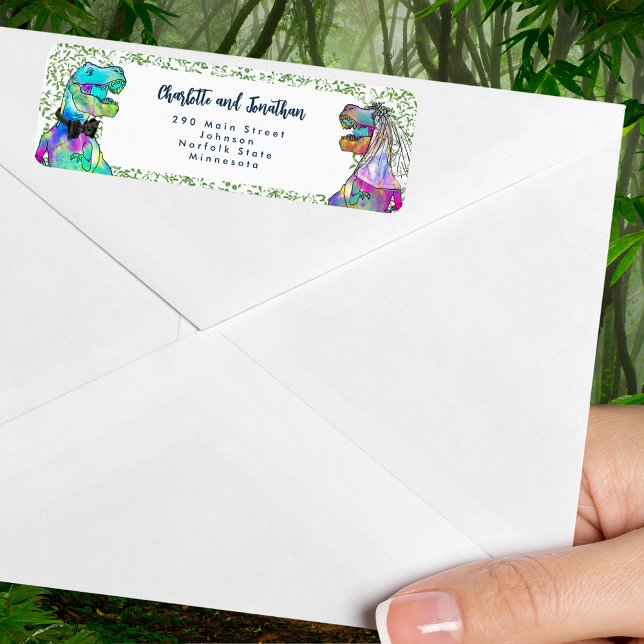 Dinosaur Theme Wedding Return Address (T-Rex bride and groom colorful dinosaur wedding return address label)