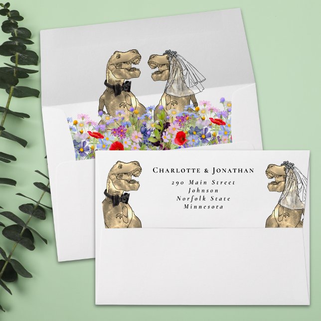 Dinosaur Theme Wedding Return Address  Envelope (T-Rex bride and groom colorful wildflower floral dinosaur wedding invitation return address envelope)