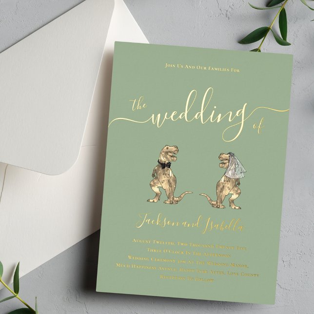 Dinosaur theme Wedding Sage Green and Gold (Dinosaur theme sage green and gold foil script calligraphy wedding invitation Elegant modern T-Rex)