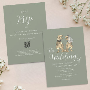 Dinosaur Theme Wedding Sage Green QR Code Invitation