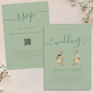 Dinosaur Theme Wedding Sage Green QR Code Invitation