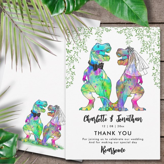 Dinosaur Theme Wedding Thank You (Dinosaur wedding funny colorful T-Rex bride and groom and Jurassic jungle foliage wedding thank you)