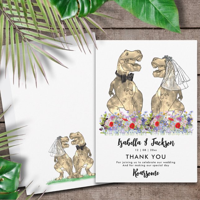 Dinosaur Theme Wedding Thank You (Dinosaur wedding funny T-Rex Bride and Groom colorful wildflower thank you card)