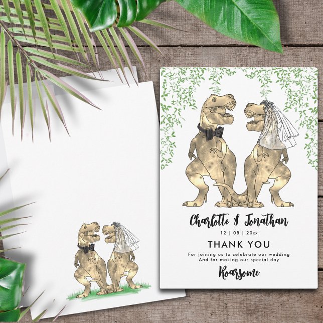 Dinosaur Theme Wedding Thank You Card (Funny T-Rex bride and groom dinosaur themed wedding thank you card )