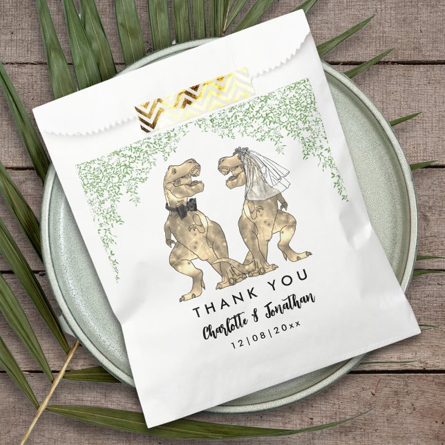 Dinosaur theme Wedding Thank You Favour Bags (Dinosaur themed wedding thank you custom favor bag Jurassic jungle foliage and T-Rex bride and groom)