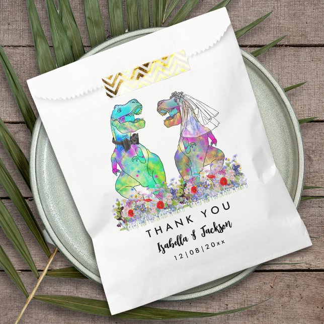 Dinosaur Theme Wedding Thank You Favour Bags (Dinosaur wedding funny T-Rex bride and groom colorful wildflower custom wedding thank you favor bag)