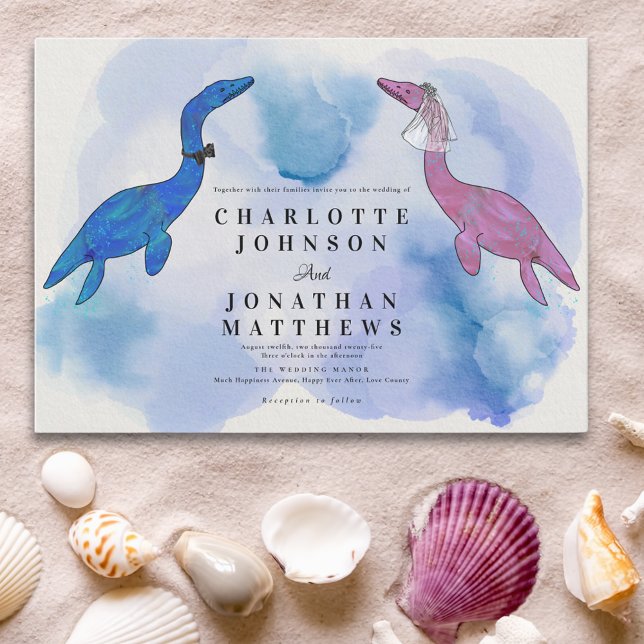 Dinosaur Theme Wedding Watercolor Sea Invitation (Watercolor sea fun dinosaur theme wedding invitation in blue purple and pink)