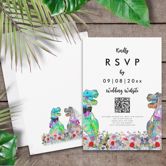 Dinosaur Theme Wedding Website QR Code RSVP Card (Colorful dinosaur themed wedding online RSVP QR code enclosure card)