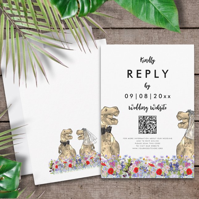 Dinosaur Theme Wedding Website Reply RSVP Card (T-Rex bride and groom and colorful wildflowers Dinosaur wedding reply enclosure card with QR code)