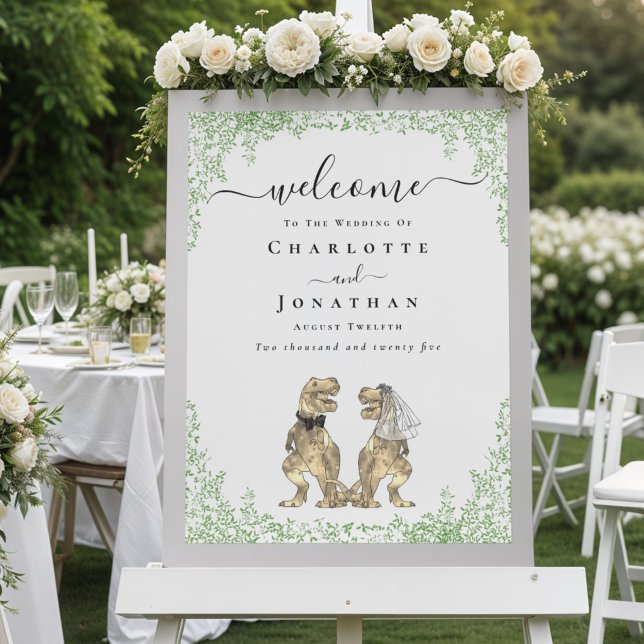 Dinosaur Theme Wedding Welcome Poster (Elegant dinosaur bride and groom watercolor foliage wedding welcome sign poster)