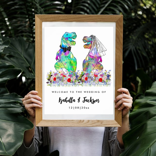Dinosaur Theme Wedding Welcome Poster (Fun dinosaur themed wedding with colorful wildflowers custom wedding welcome poster)