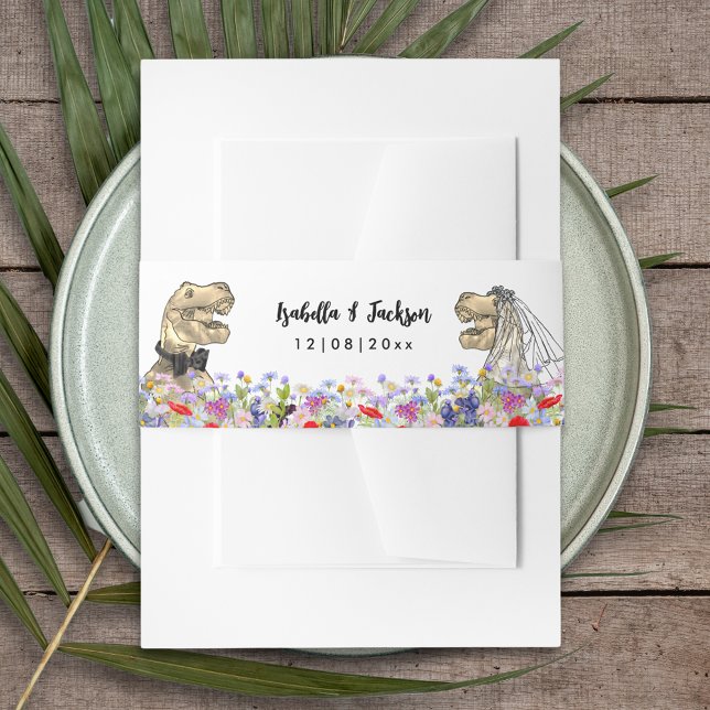 Dinosaur Theme Wedding Wildflower Invitation Belly Band (Dinosaur themed wedding T-Rex bride and groom in colorful wildflower meadow custom belly bands)