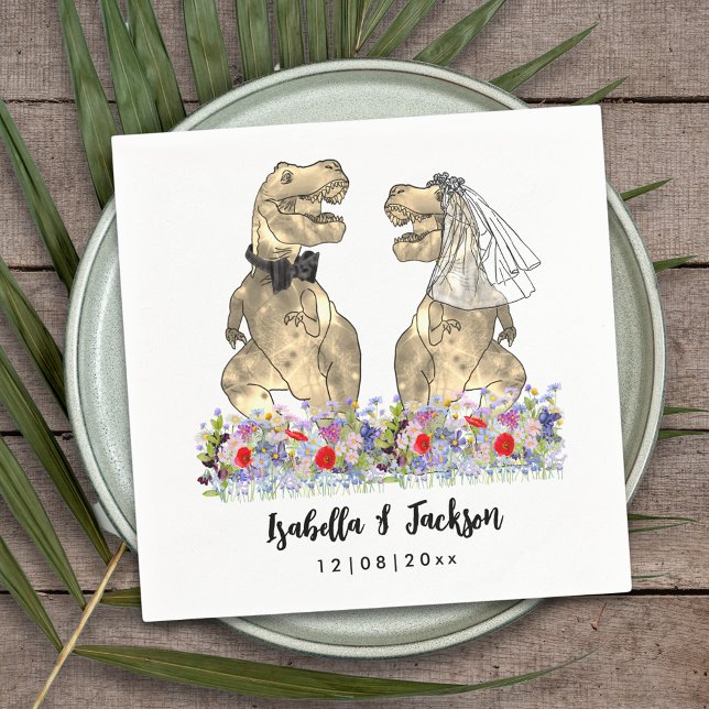 Dinosaur Theme Wildflower Wedding  Napkin (Funny Dinosaur wedding T-Rex bride and groom in a colorful wildflower meadow custom wedding napkins )