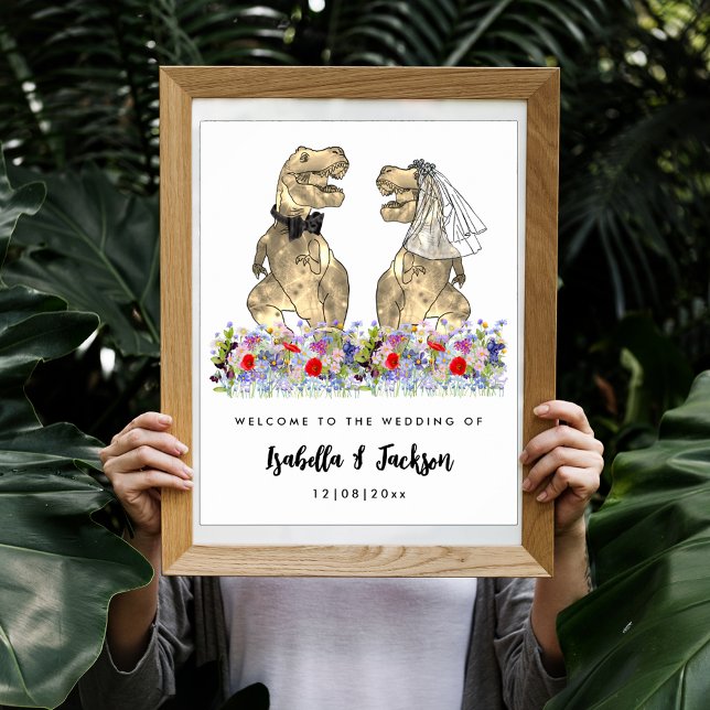 Dinosaur Theme Wildflower Wedding Welcome Poster (Dinosaur themed wedding fun T-Rex bride and groom in wildflower meadow custom wedding welcome poster)