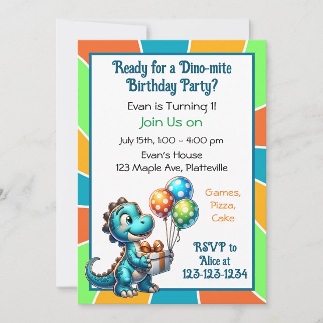 Dinosaur themed 1st Birthday Party Invitation (Front)