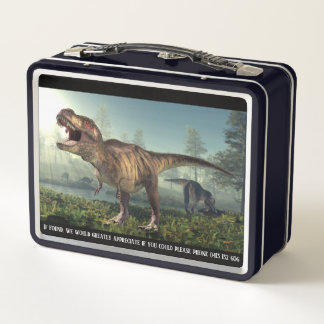 Dinosaur themed if lost please phone metal lunch b box
