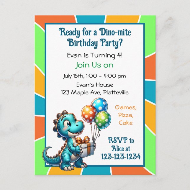 Dinosaur themed Kid's Birthday Party Invitation  Postcard (Front)