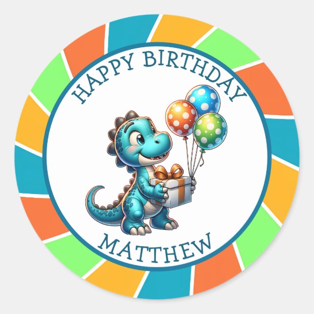 Dinosaur themed Kid's Birthday Party Personalised Classic Round Sticker (Front)