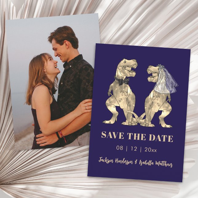 Dinosaur Themed Navy Blue Photo Wedding Save The Date (Funny dinosaur theme navy blue photo wedding save the date card Simple T-Rex dinosaur bride & groom)