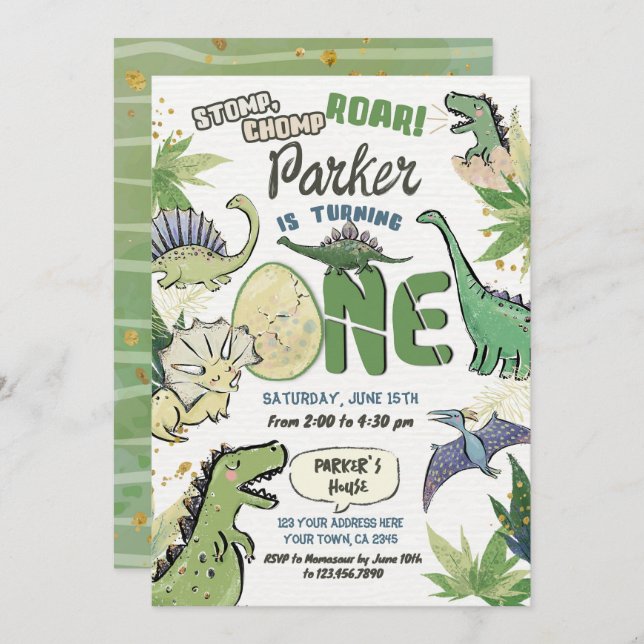 Dinosaur Themed Party 1st Birthday Invitation (Front/Back)