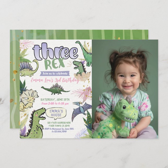 Dinosaur Themed Party 3rd Birthday Invitation (Front/Back)