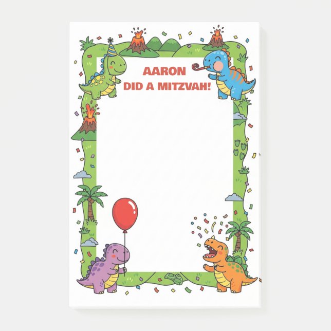 Dinosaur Themed Personalised Mitzvah Post-it Notes (Front)