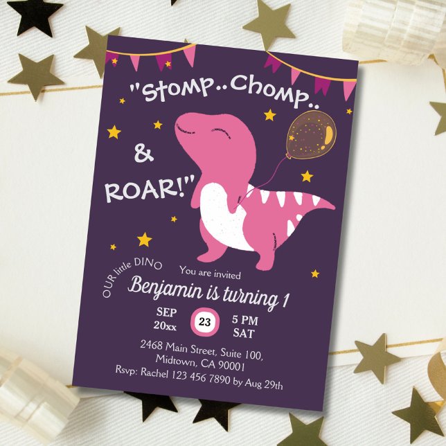Dinosaur themed Stomp, Chomp & Roar! 1st birthday Invitation (Creator Uploaded)