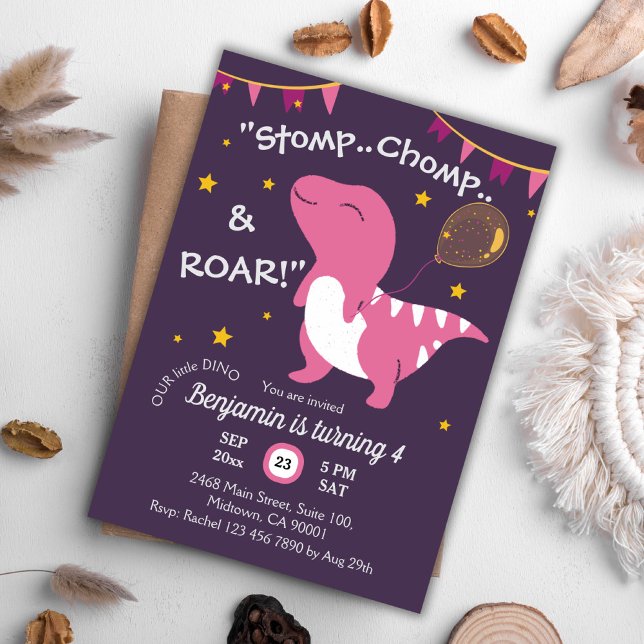 Dinosaur themed Stomp, Chomp & Roar! 4th birthday Invitation (Creator Uploaded)