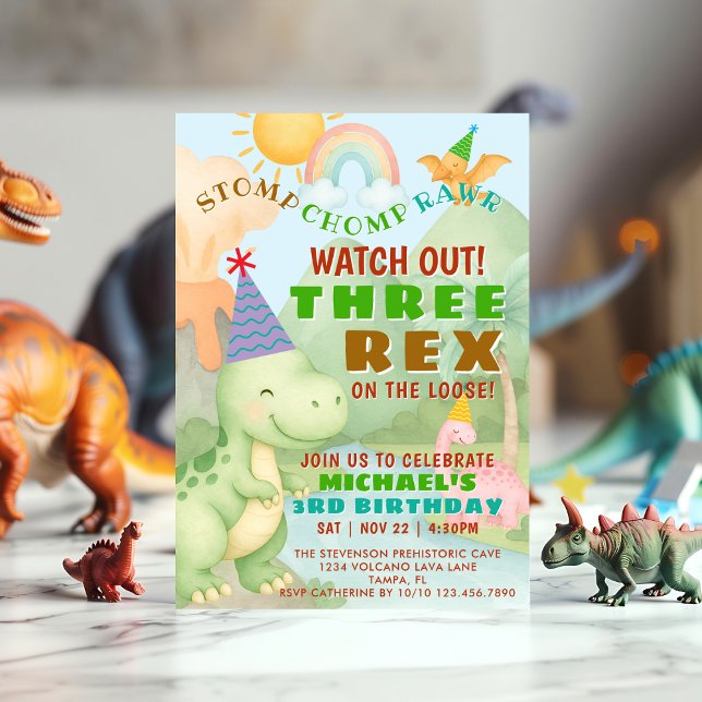 Dinosaur Themed Three Rex Birthday Party Boy Invitation (Creator Uploaded)
