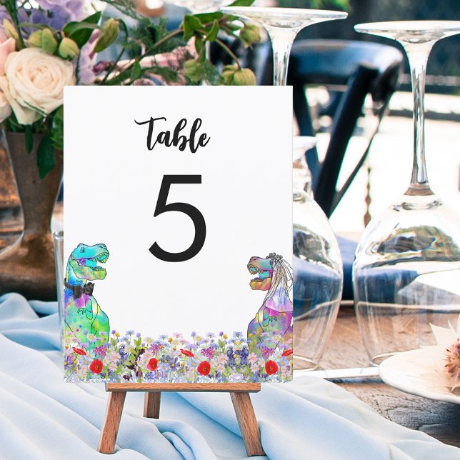 Dinosaur themed Wedding Colourful Wildflower (Dinosaur themed wedding T-Rex bride and groom colorful wildflowers table number sign)