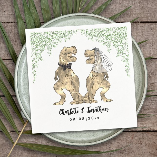 Dinosaur Themed Wedding Custom Napkin (Dinosaur themed wedding with fun T-Rex bride and groom with  Jurassic jungle foliage custom napkin)